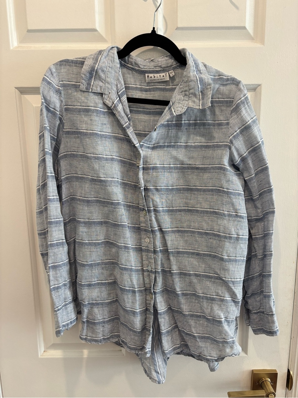 Blue and Gray Striped Button Down 100% Linen Shirt by Habitat